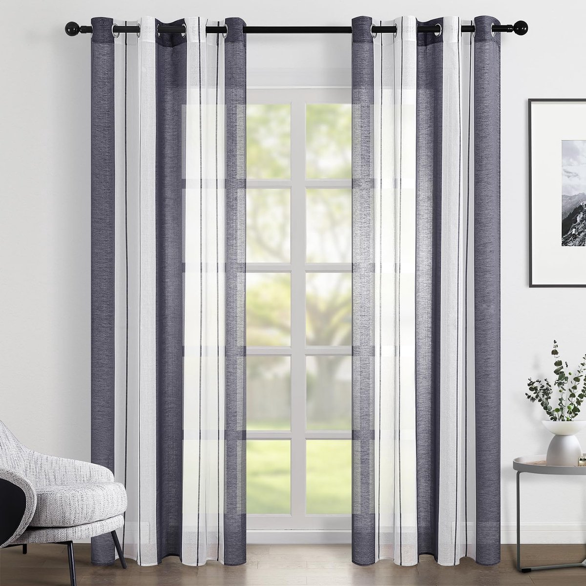 Ibenzoa® Lichtgewicht Semitransparante Gordijnen met Strepen – Witgrijs, 140x220 cm – Voor Woonkamer en Slaapkamer