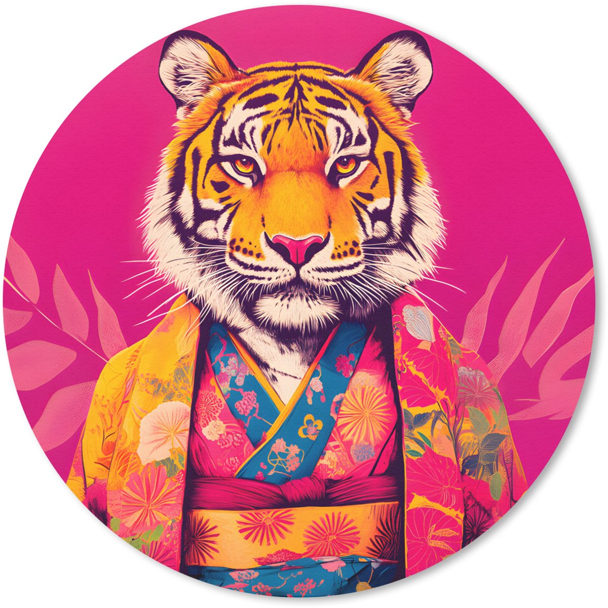 Muismat rond 20x20 cm - Mousepad Tijger - Kimono - Planten - Roze - Ronde muismatten