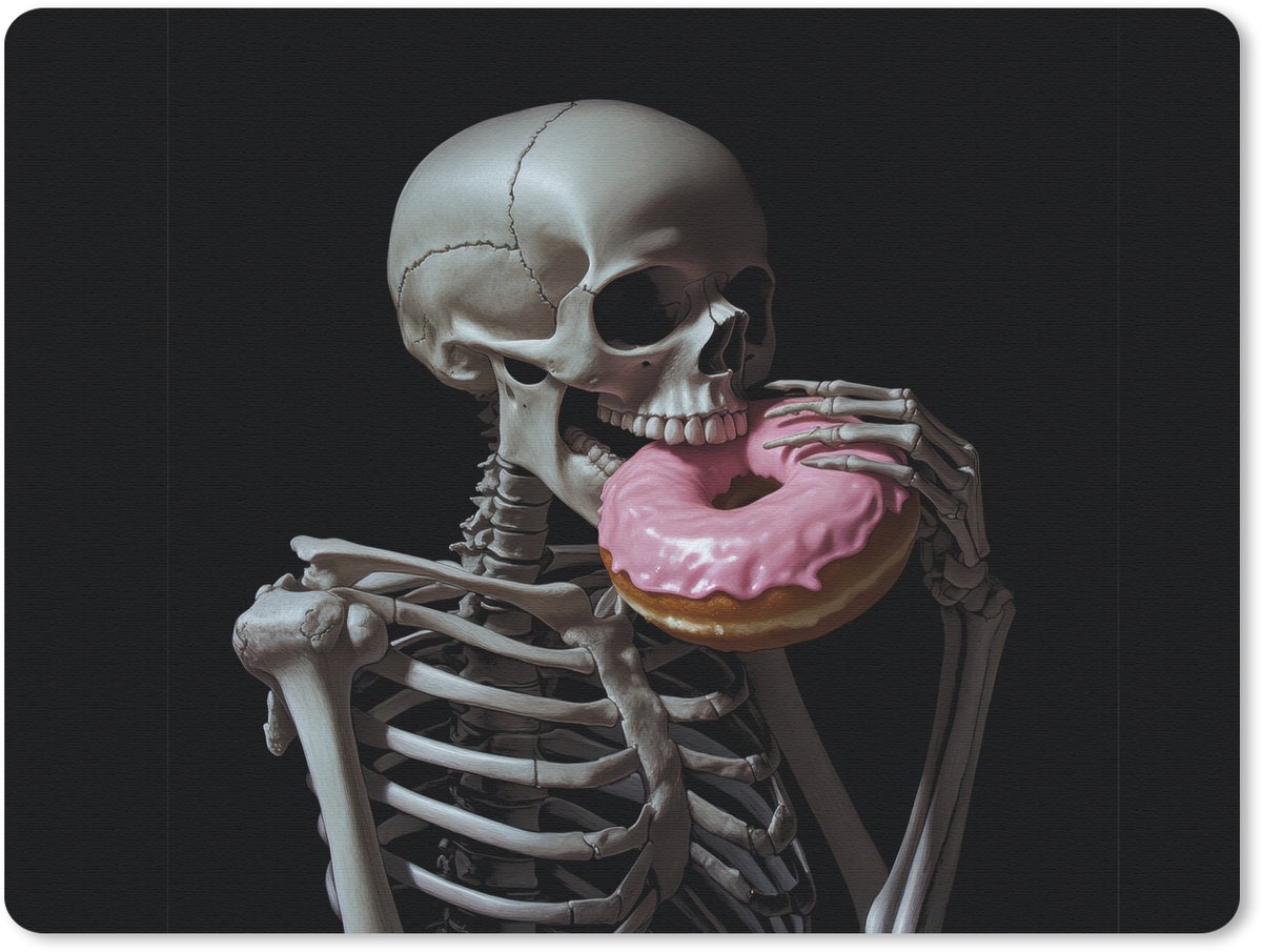 Muismat 23x19 cm - Mousepad Skelet - Donut - Eten - Schedel - Roze - Muismatten
