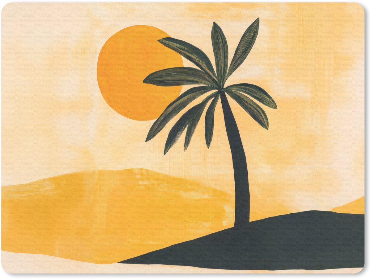 Muismat 23x19 cm - Mousepad Illustratie - Palmboom - Zon - Heuvels - Muismatten