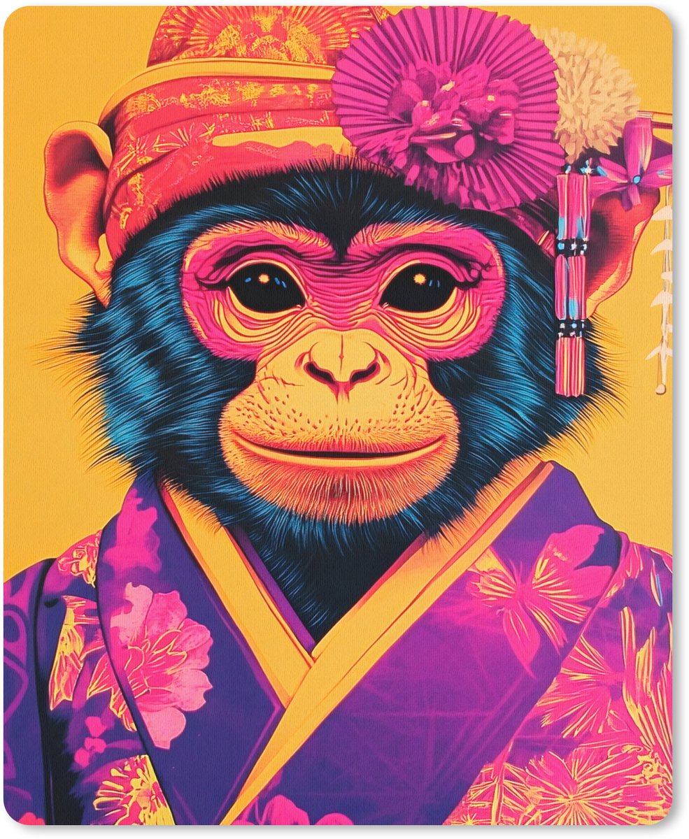 Muismat 19x23 cm - Mousepad Aap - Kimono - Bloemen - Hoofdtooi - Muismatten