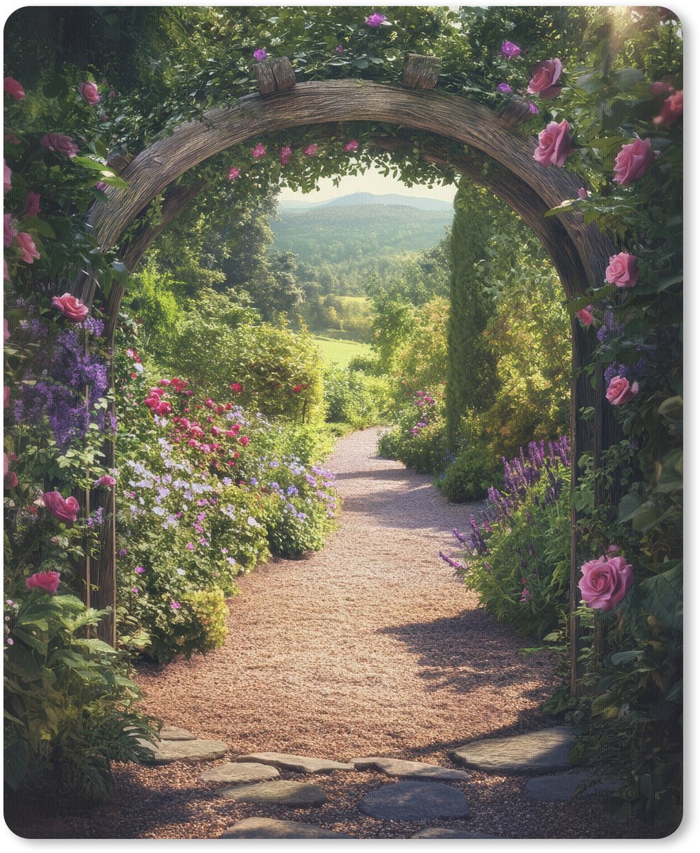 Muismat 19x23 cm - Mousepad Doorkijk - Bloemen - Natuur - Rozenboog - Muismatten