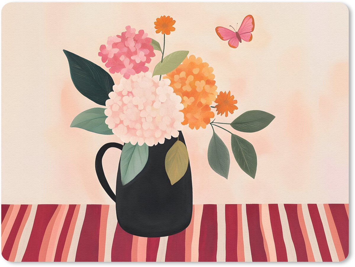 Muismat 23x19 cm - Mousepad Vaas - Bloemen - Vlinder - Rood - Muismatten