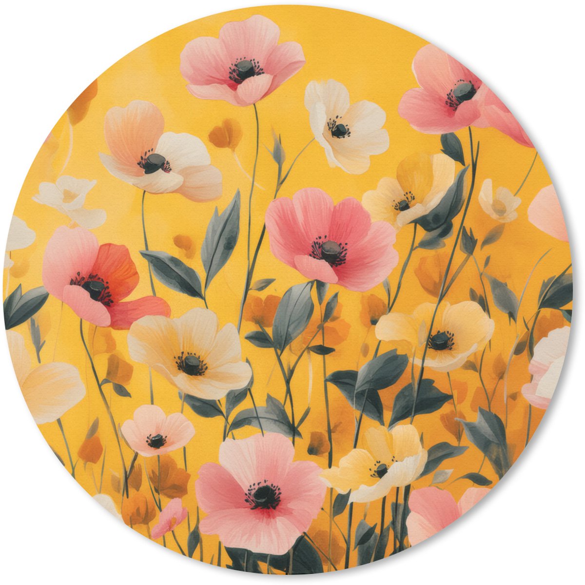 Muismat rond 50x50 cm - Mousepad Bloemen - Veld - Geel - Ronde muismatten