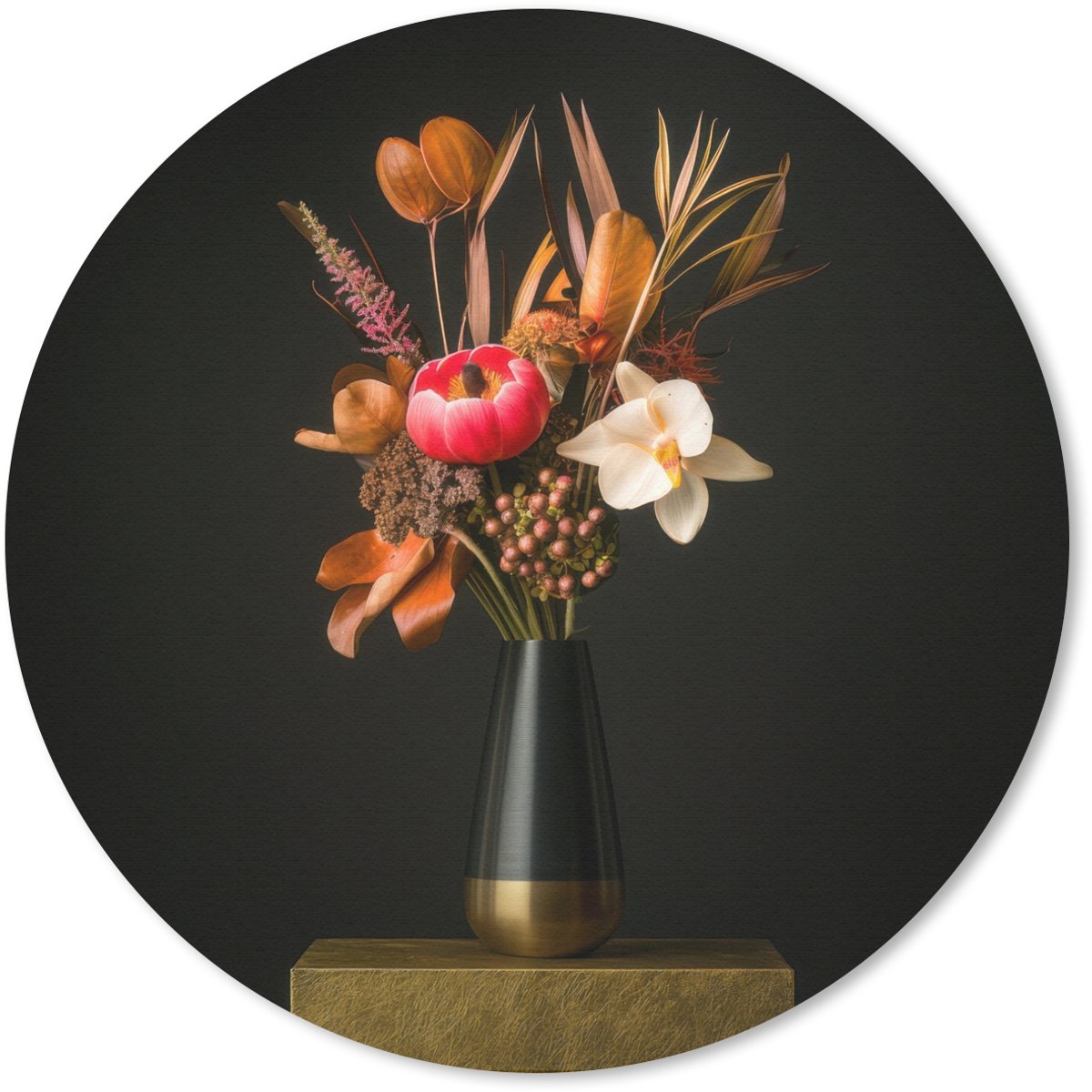 Muismat rond 40x40 cm - Mousepad Boeket - Oranje - Gouden - vaas - Ronde muismatten