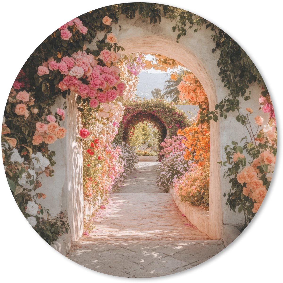 Muismat rond 40x40 cm - Mousepad Doorkijk - Boog - Bloemen - Pastel - Ronde muismatten