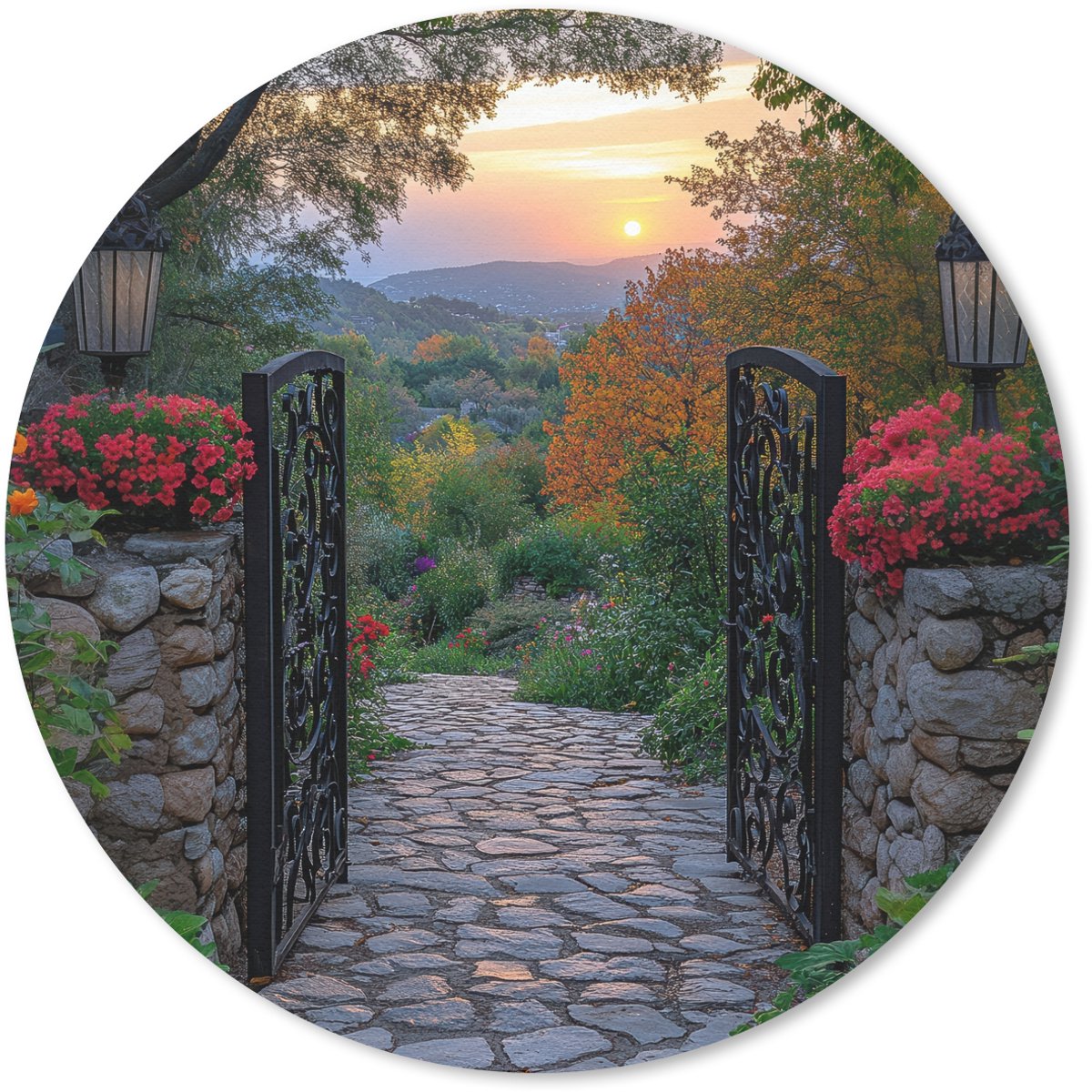 Muismat rond 30x30 cm - Mousepad Landschap - Hek - Pad - Zonsondergang - Natuur - Ronde muismatten