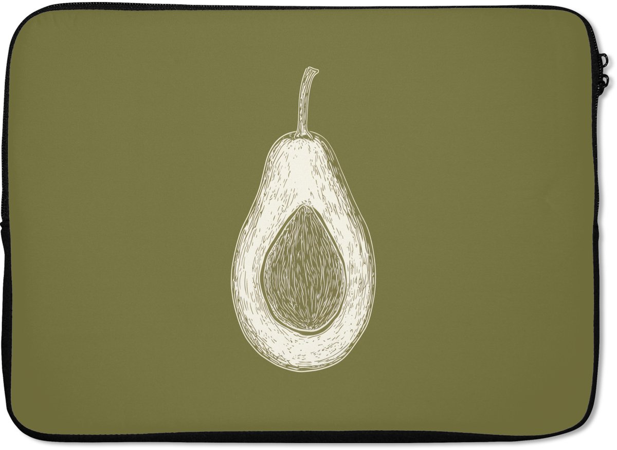 Laptophoes 14 inch - Avocado - Minimalistisch - Illustratie - Groen - Laptop sleeve - Binnenmaat 33x23 cm - Zwarte achterkant