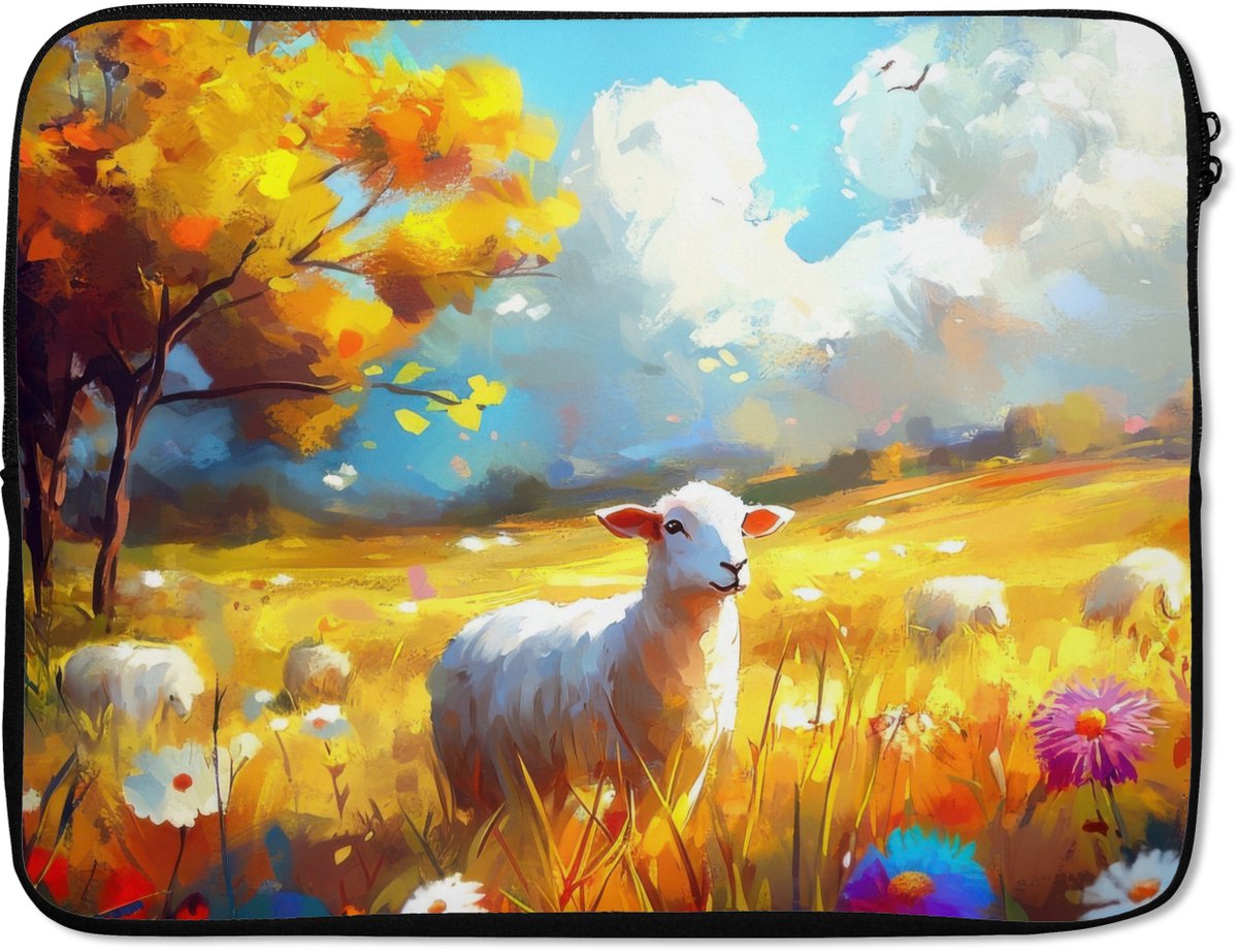 Laptophoes 17 inch - Schaap - Weide - Bloemen - Laptop sleeve - Binnenmaat 41x28 cm - Zwarte achterkant