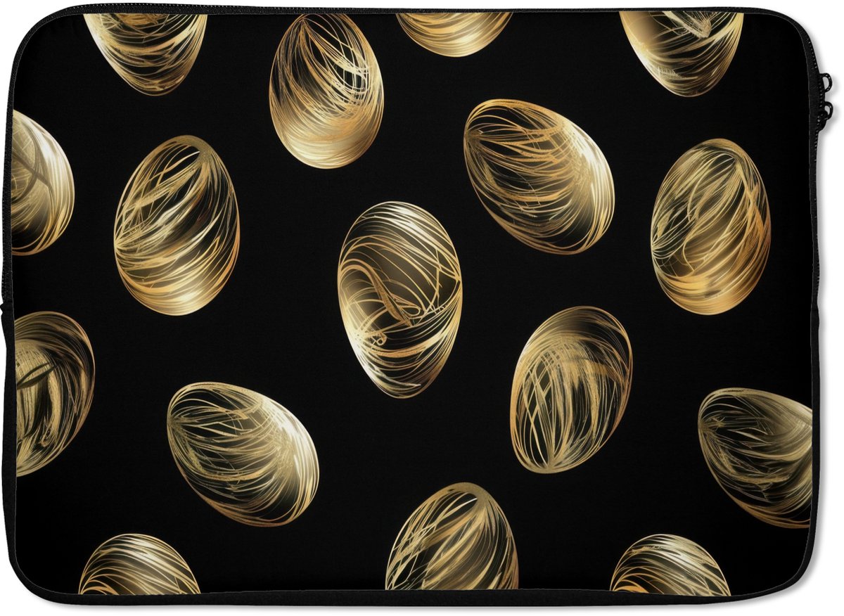Laptophoes 14 inch - Eieren - Goud - Patroon - Laptop sleeve - Binnenmaat 33x23 cm - Zwarte achterkant