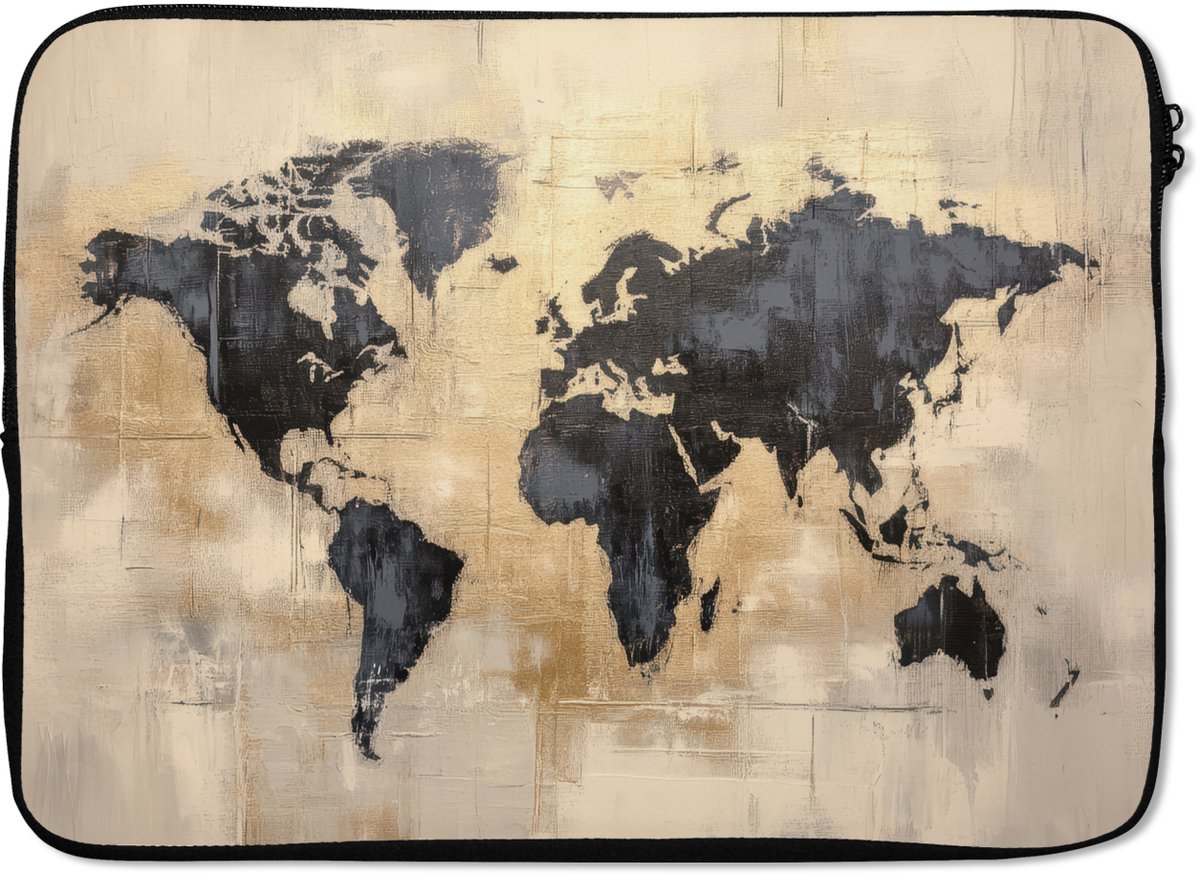 Laptophoes 14 inch - Wereldkaart - Goud - Zwart - Abstract - Laptop sleeve - Binnenmaat 33x23 cm - Zwarte achterkant