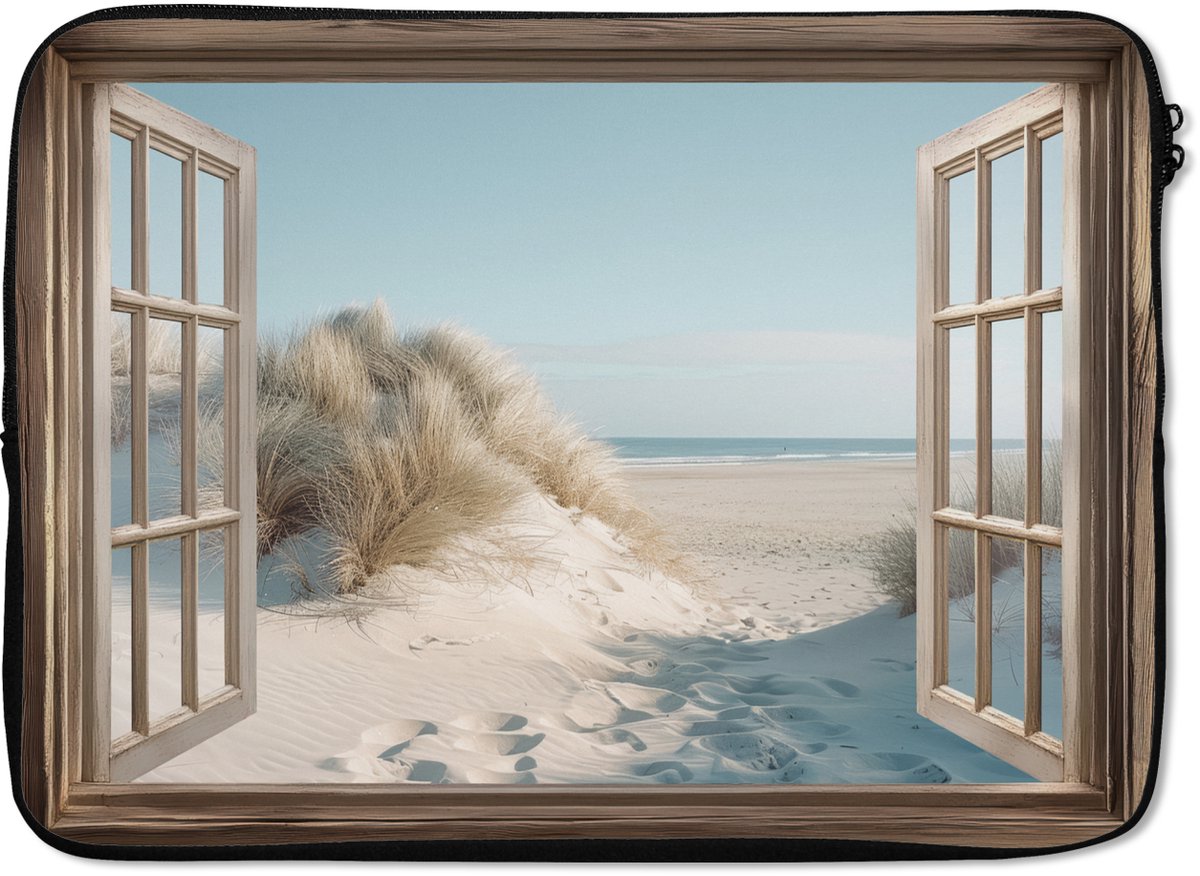 Laptophoes 13 inch - Doorkijk - Helmgras - Duinen - Zee - Landschap - Laptop sleeve - Binnenmaat 32x22,5 cm - Zwarte achterkant