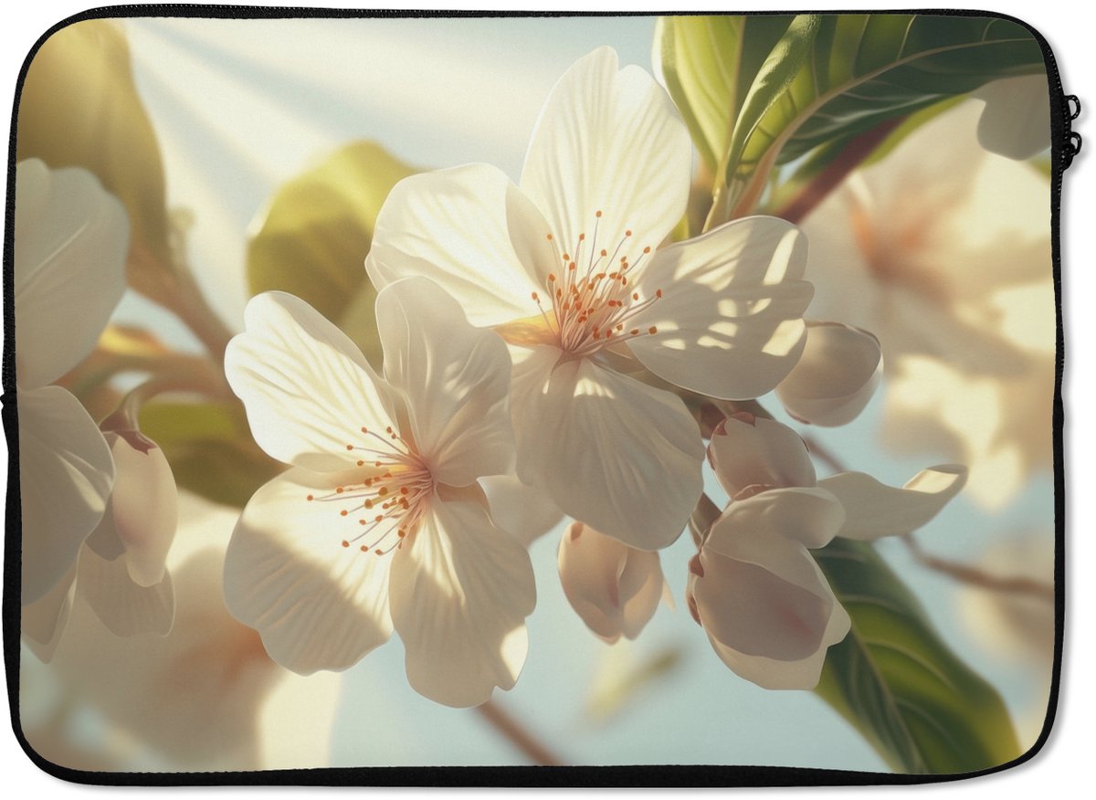 Laptophoes 13 inch - Bloesems - Wit - Zonnestralen - Bloemblaadjes - Laptop sleeve - Binnenmaat 32x22,5 cm - Zwarte achterkant