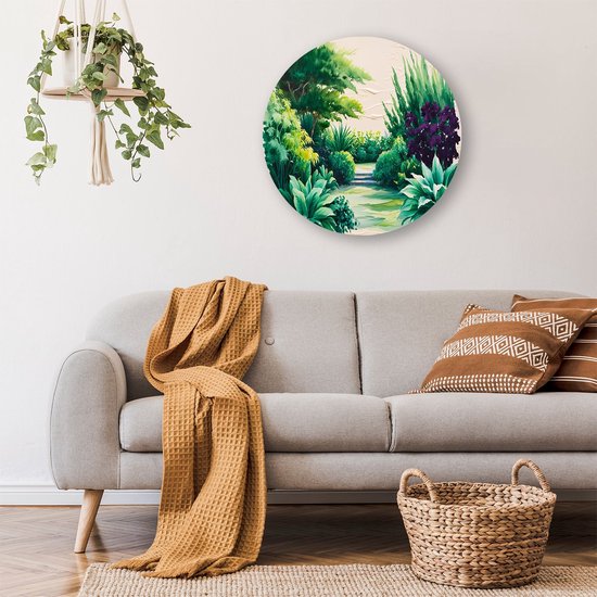 Levendige tuin in aquarelstijl - Planten rond schilderij - Ronde wandprint tuin - Aquarel - Dibond muurdecoratie - Woondecoratie industrieel - muurcirkel aluminium 60x60 cm