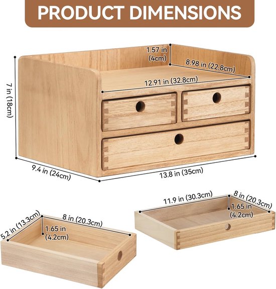 KIRIGEN Holz Make-up Organizer Aufbewahrungsschrank Tisch Kosmetik Organizer Schmuck Aufbewahrungsbox 8 Fächer Make-up Displaybox mit 3 Schubladen natürliche Farbe