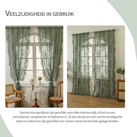REFTTENW Set de 2 Rideaux Boho brodés en dentelle avec Rideaux Rebords, Rideaux transparents pour Cuisine, salon, couloir, style maison de campagne, vert sauge