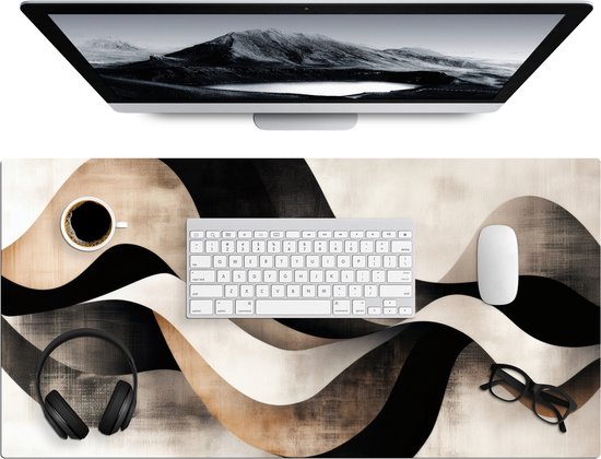 Sous-main 80x40 cm - Tapis de souris Abstrait - Vagues - Zwart - Patiné - Tapis de bureau - Tapis de souris XXL - Sous-main - Grands Tapis de souris - Organiseur de bureau - Sous-main