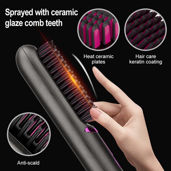 Grijze haarstyler met roze tanden en keramische platen, detail van de 'anti-scald' functie.