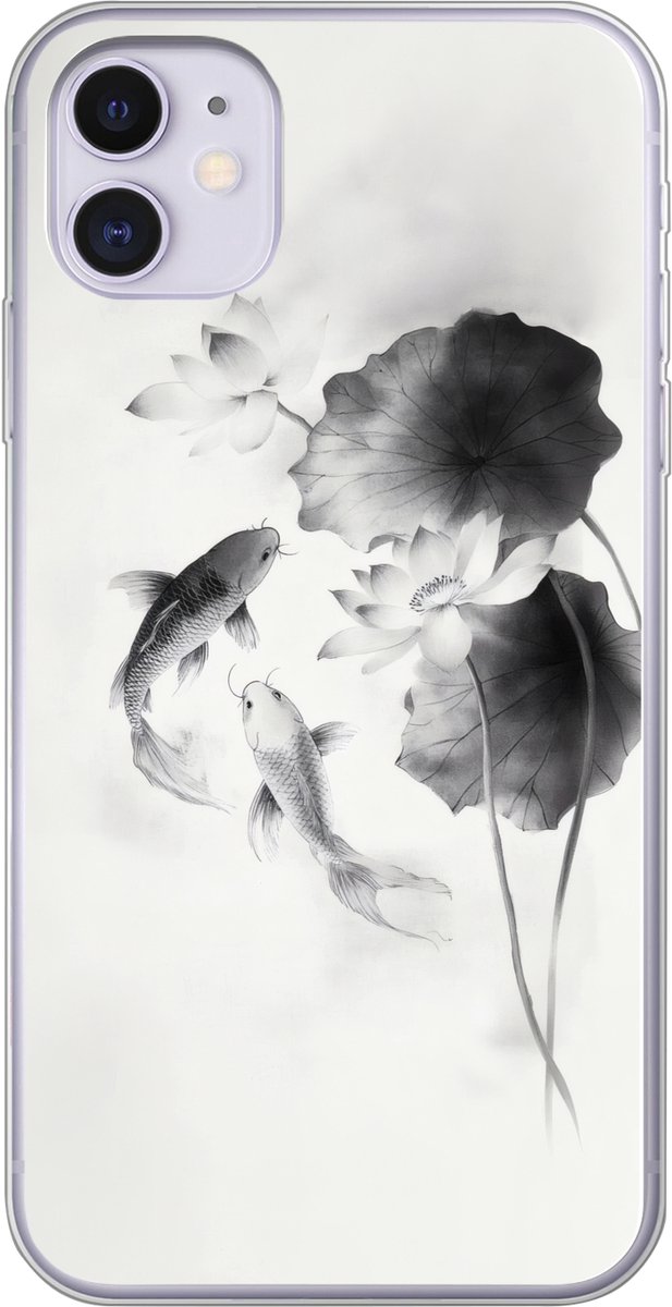Telefoonhoesje Geschikt voor iPhone 11 hoesje - Lotusbloemen - Vissen - Bladeren - Zwart - Siliconen Telefoonhoesje Telefoonhoesje