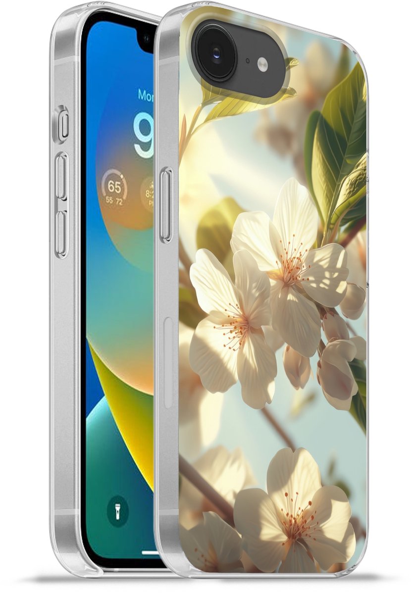Telefoonhoesje Geschikt voor iPhone 16e hoesje - Bloesems - Wit - Zonnestralen - Bloemblaadjes - Siliconen Telefoonhoesje Telefoonhoesje