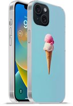 Telefoonhoesje Geschikt voor iPhone 15 hoesje - Bolletjes - Schepijs - Hoorntje - Blauw - Siliconen Telefoonhoesje Telefoonhoesje