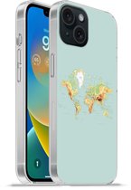 Telefoonhoesje Geschikt voor iPhone 15 hoesje - Wereldkaart - Realistisch - Blauw - Siliconen Telefoonhoesje Telefoonhoesje