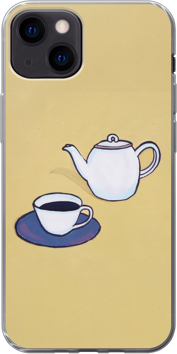 Telefoonhoesje Geschikt voor iPhone 13 hoesje - Theepot - Kopje - Beige - Illustratie - Siliconen Telefoonhoesje Telefoonhoesje
