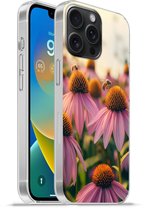 Telefoonhoesje Geschikt voor iPhone 15 Pro Max hoesje - Bloemen - Paars - Bijen - Siliconen Telefoonhoesje Telefoonhoesje