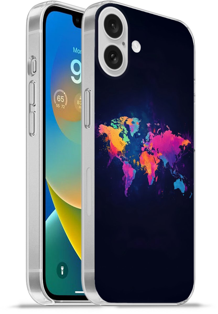 Telefoonhoesje Geschikt voor Apple Iphone 16 Plus hoesje - Wereldkaart - Kleurrijk - Graffiti - Siliconen Telefoonhoesje Telefoonhoesje
