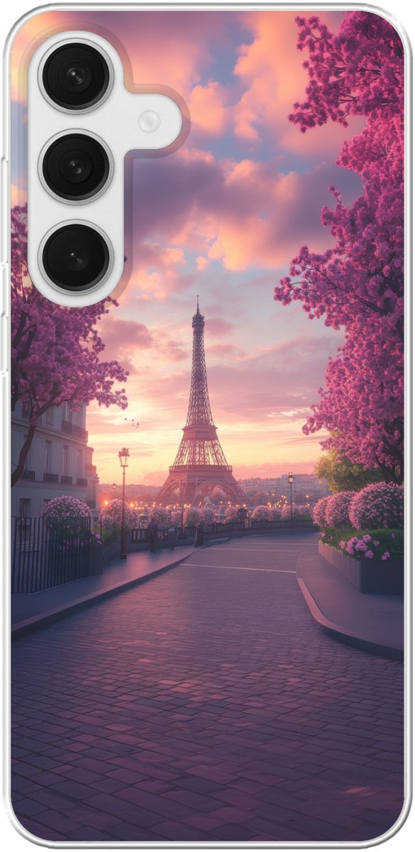 Telefoonhoesje Geschikt voor Samsung Galaxy S25 Plus hoesje - Eiffeltoren - Parijs - Roze - Siliconen Telefoonhoesje Telefoonhoesje