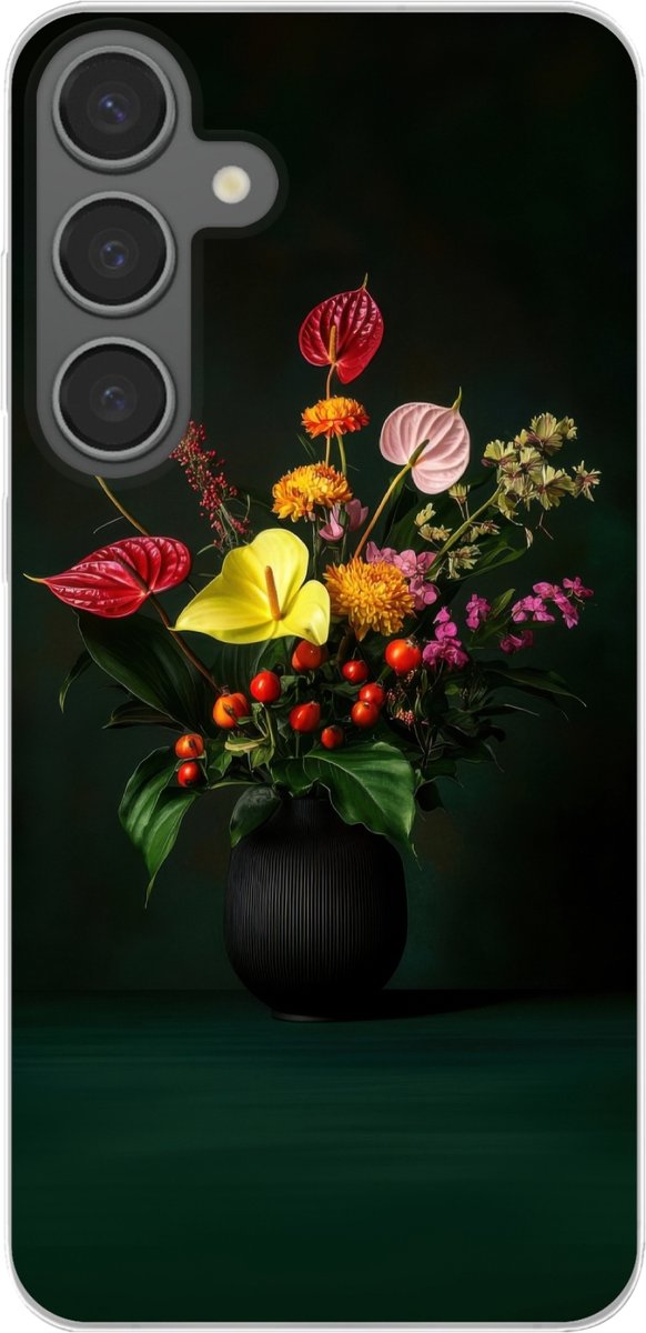 Telefoonhoesje Geschikt voor Samsung Galaxy S24 Plus hoesje - Bloemen - Vaas - Zwart - Siliconen Telefoonhoesje Telefoonhoesje