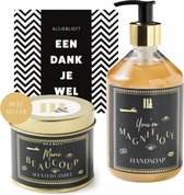 Bedankt cadeau - 3 bedankt cadeautjes - handzeep - geurkaars - chocola - cadeaupakket vrouw - bedankt voor alles - bedankt cadeautje voor vrouw - je bent goud waard - cadeau juf