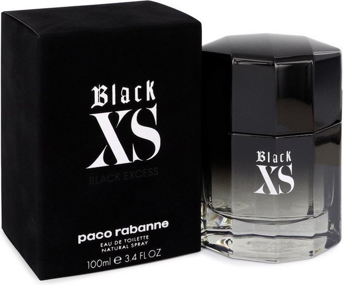 Paco Rabanne Black XS Eau de Toilette 100 ml glazen flacon met zwarte dop en vervagend effect.