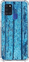 Shockproof Case Geschikt voor Samsung Galaxy A21s Telefoonhoesje met doorzichtige rand Wood Blue