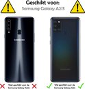 Waarschuwingssymbolen en tekst die aangeeft dat de hoes geschikt is voor Samsung Galaxy A21s.