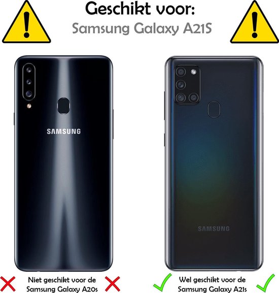 Waarschuwingssymbolen en tekst die aangeeft dat de hoes geschikt is voor Samsung Galaxy A21s.