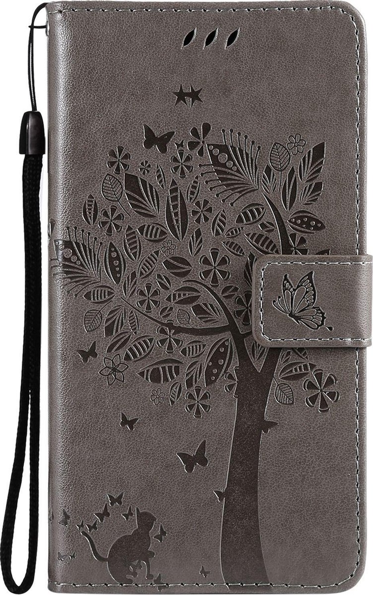 Mobigear Telefoonhoesje geschikt voor Samsung Galaxy S21 Hoesje | Mobigear Tree Bookcase Portemonnee | Pasjeshouder voor 2 Pasjes | Telefoonhoesje voor Pinpas / OV Kaart / Rijbewijs - Grijs