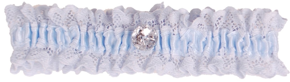 Kousenband blauw met kant en strass knoopje
