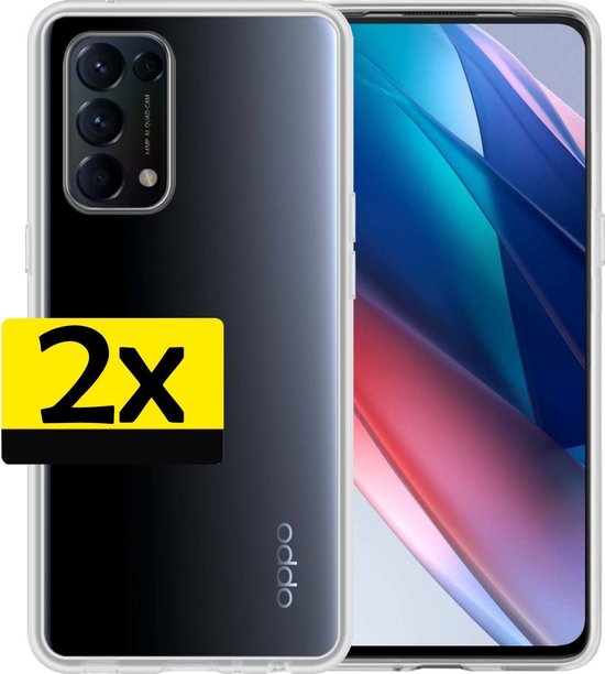 Téléphone noir dans un étui transparent, avec un autocollant jaune '2x' et le logo 'oppo'.