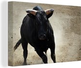 Un taureau noir dans un bac à sable 120x80 cm - Tirage photo sur toile (Décoration murale salon / chambre)