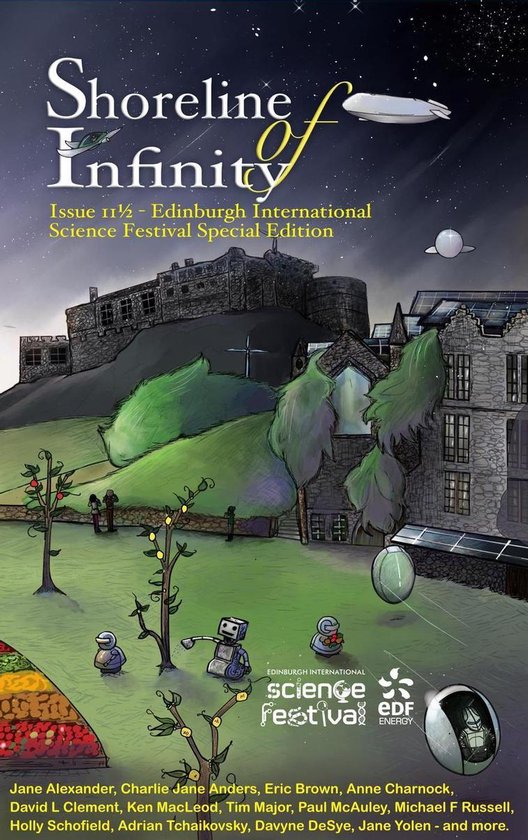 Boekomslag met de titel "Shoreline of Infinity", editie 11½ - Edinburgh International Science Festival Special Edition. Een illustratie van gebouwen, bomen en robots op een heuvel.