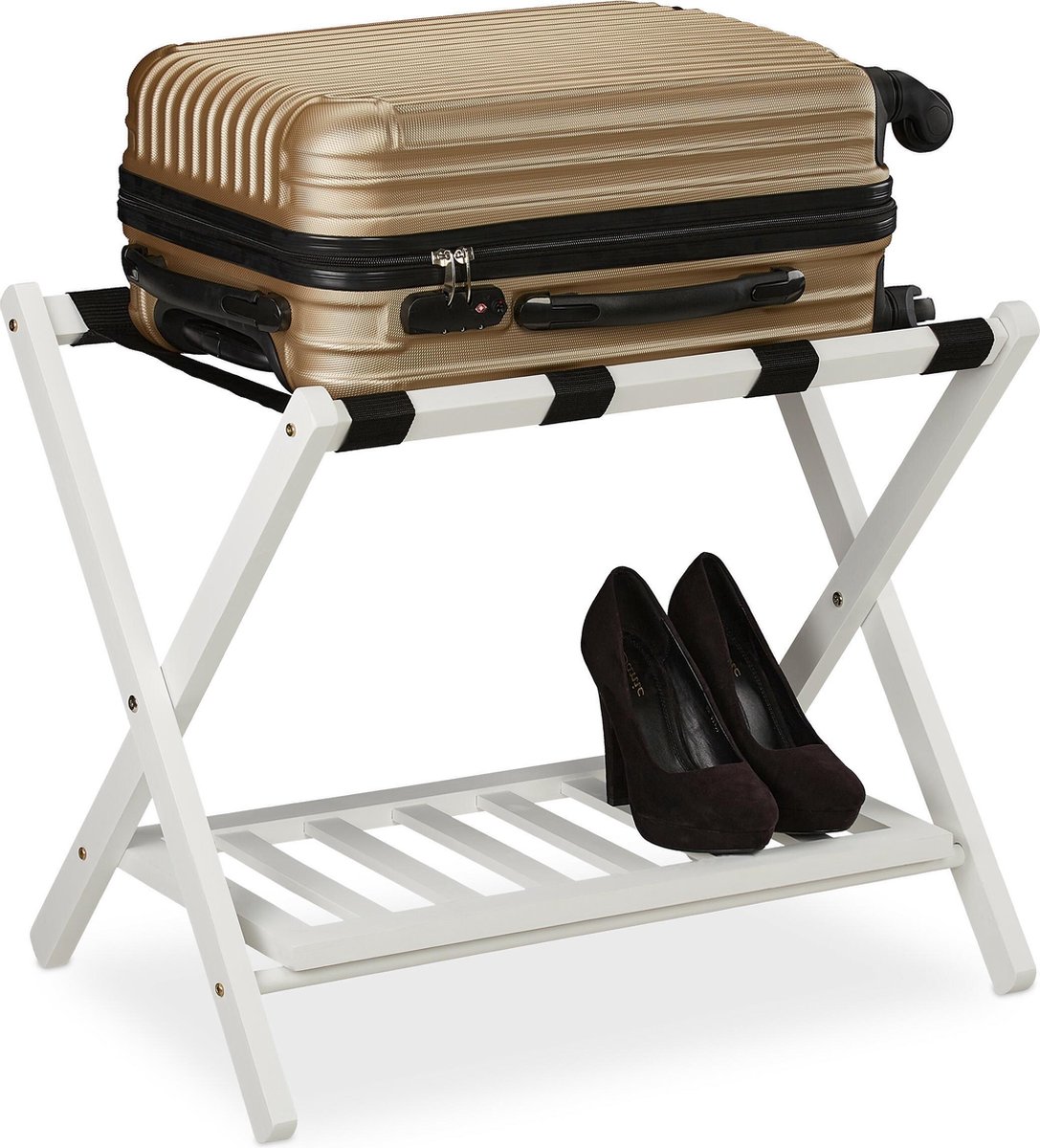 Relaxdays inklapbaar kofferrek - met plank - houten bagagerek - bagagestandaard hotel - wit
