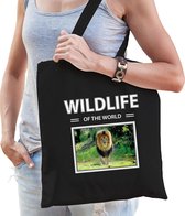 Dieren Leeuw foto tas katoen volw + kind zwart - wildlife of the world - kado boodschappentas/ gymtas / sporttas - Leeuwen