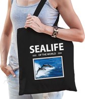 Dieren Dolfijnen foto tas katoen volw + kind zwart - sealife of the world - kado boodschappentas/ gymtas / sporttas - Dolfijnen