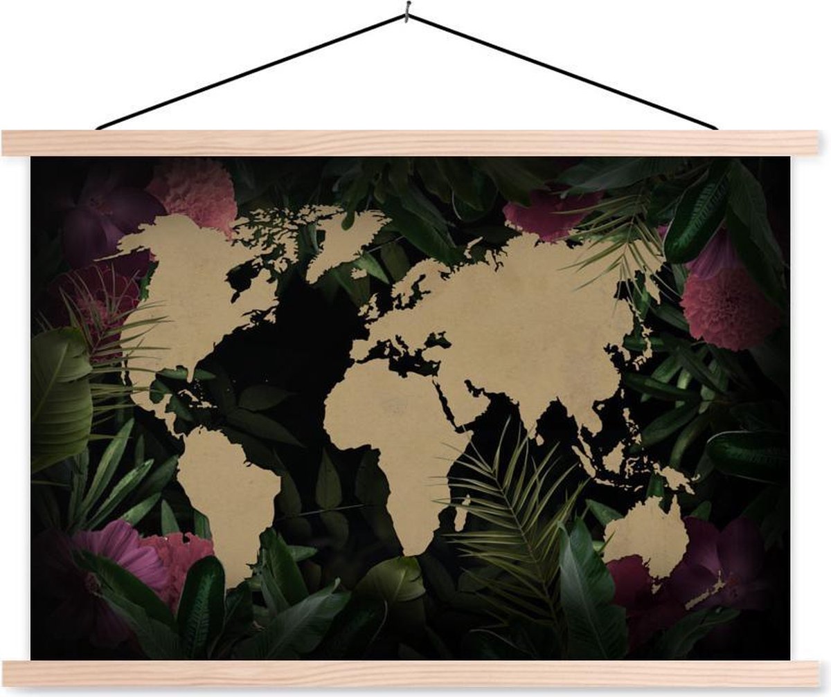 Afbeelding van product TextilePosters  Schoolplaat - Wereldkaart - Bloemen - Bladeren - 120x80 cm - Blanke latten