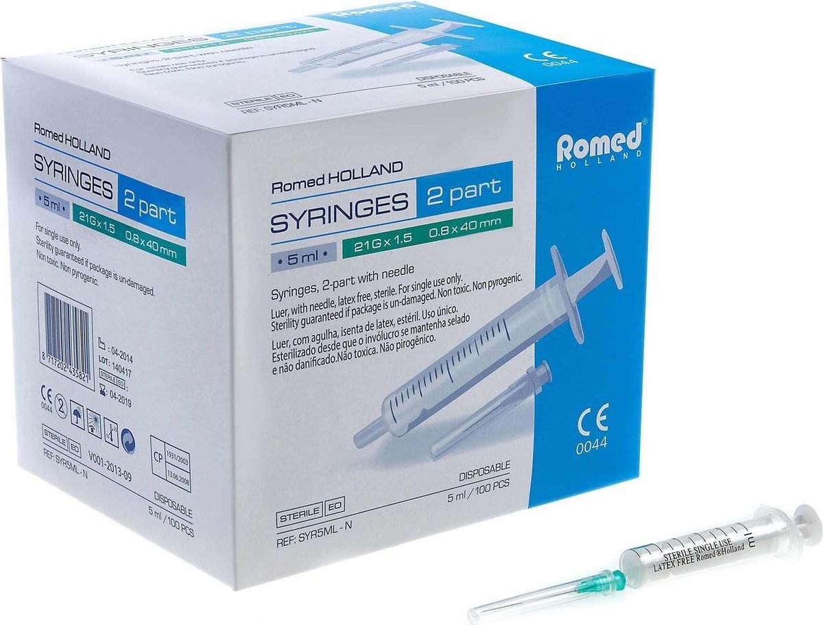 Goedkoopste Romed 5ml injectiespuit met naald 100 stuks - Doseerspuit - Polypropyleen & Latex-vrij rubber - Tweedelige 5ml wegwerpspuit met canule, steriel per stuk verpakt. - 5 ml