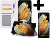 Samsung S21 Ultra Hoesje Book Case Met Screenprotector - Samsung Galaxy S21 Ultra Case Hoesje Wallet Cover Met Screenprotector - Wit