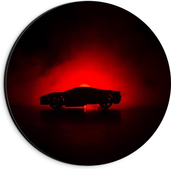 Dibond Wandcirkel - Silhouet van Sportauto bij Rood Licht - 20x20cm Foto op Aluminium Wandcirkel (met ophangsysteem)