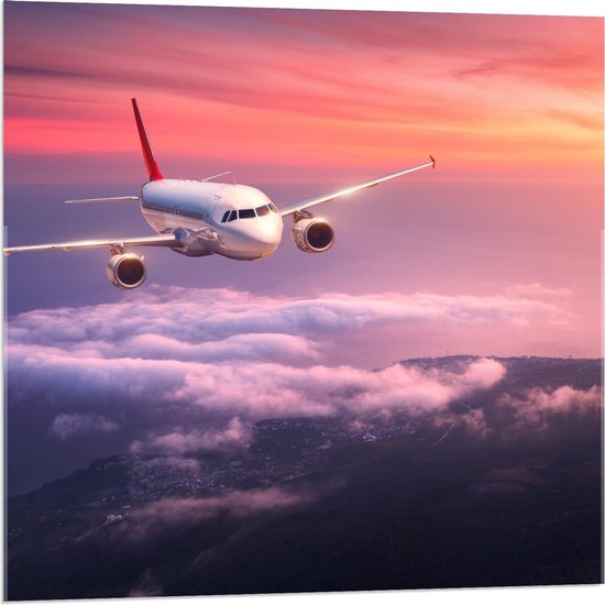 Acrylglas - Vliegtuig bij Zon boven de Wolken - 80x80cm Foto op Acrylglas (Met Ophangsysteem)
