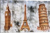 Dibond - Big Ben, Eiffeltoren, Toren van Pisa - 90x60cm Foto op Aluminium (Wanddecoratie van metaal)